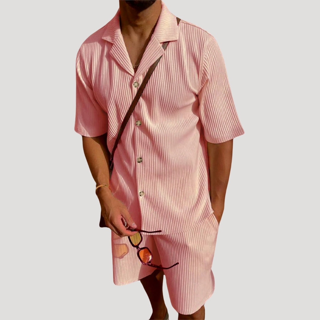 Men's Ribbed Textured Short Sleeve Button Up Shirt and Drawstring Shorts Two Piece Co-Ord Casual Set