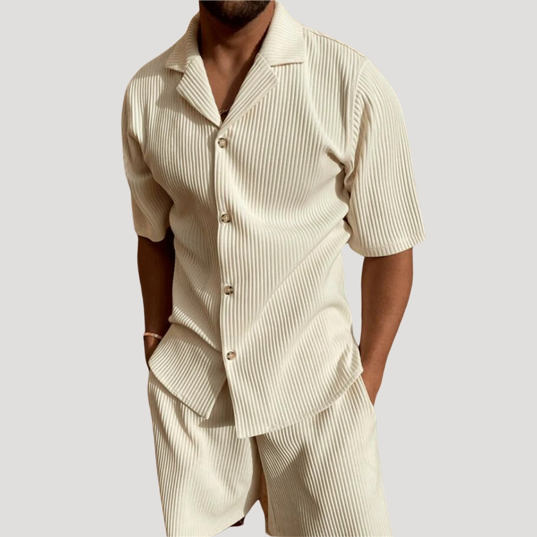 Men's Ribbed Textured Short Sleeve Button Up Shirt and Drawstring Shorts Two Piece Co-Ord Casual Set