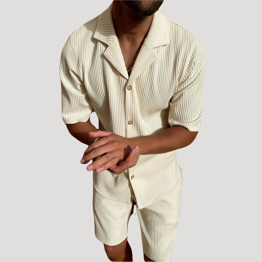 Men's Ribbed Textured Short Sleeve Button Up Shirt and Drawstring Shorts Two Piece Co-Ord Casual Set