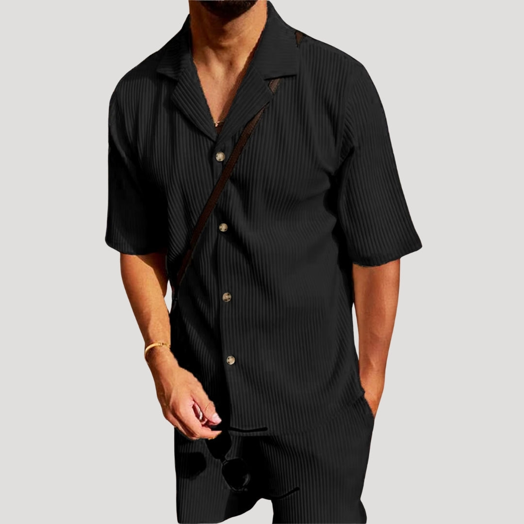 Men's Ribbed Textured Short Sleeve Button Up Shirt and Drawstring Shorts Two Piece Co-Ord Casual Set