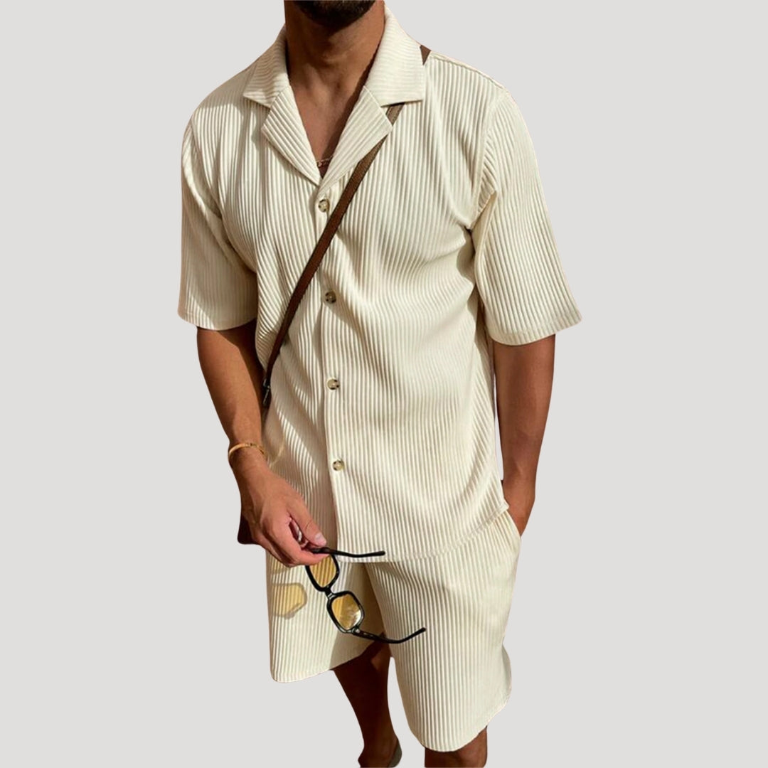 Men's Ribbed Textured Short Sleeve Button Up Shirt and Drawstring Shorts Two Piece Co-Ord Casual Set