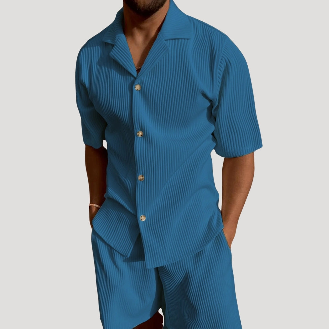 Men's Ribbed Textured Short Sleeve Button Up Shirt and Drawstring Shorts Two Piece Co-Ord Casual Set