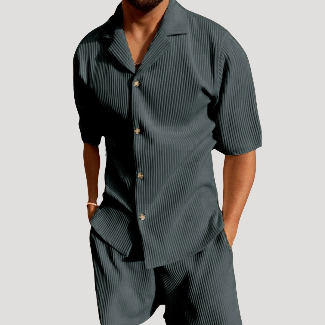 Men's Ribbed Textured Short Sleeve Button Up Shirt and Drawstring Shorts Two Piece Co-Ord Casual Set