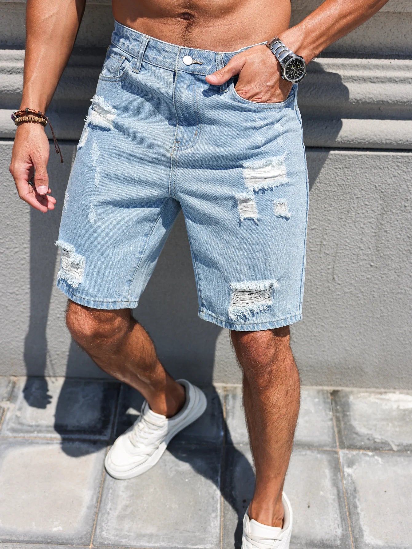 Men's Ripped Denim Shorts – Casual Light Blue Design for Summer Outings — back view