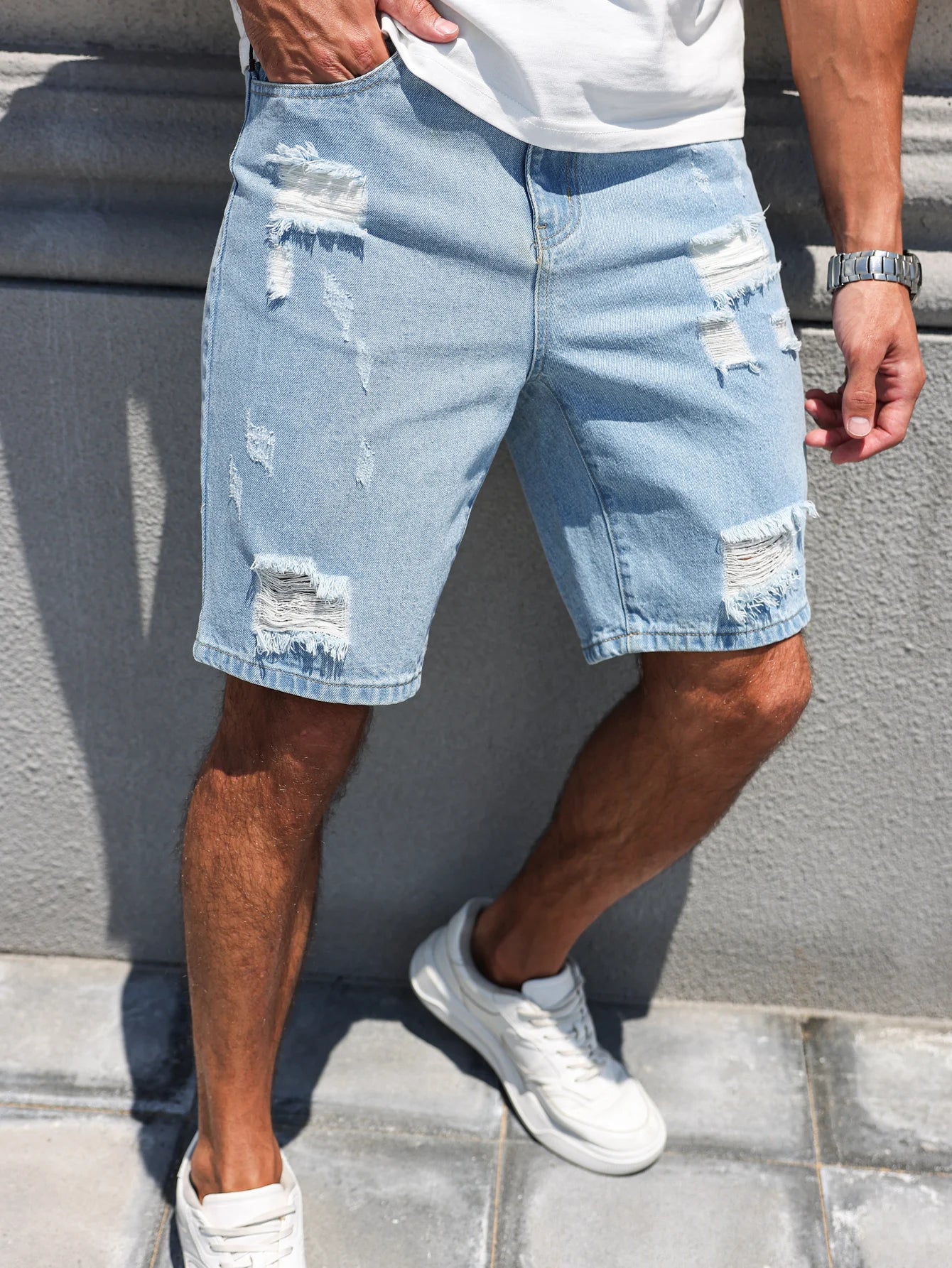 Men's Ripped Denim Shorts – Casual Light Blue Design for Summer Outings — side view