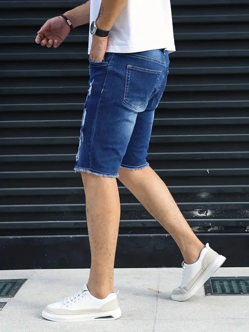 Men's Ripped Denim Shorts – Stylish Stretch Fit for Casual Summer Outings — back view