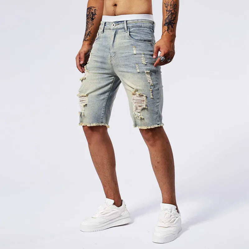 Men's Ripped Denim Shorts – Stylish Stretch Fit for Casual Summer Outings — close-up