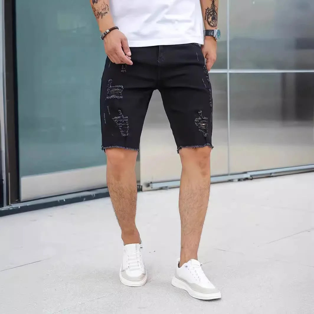 Men's Ripped Denim Shorts – Stylish Stretch Fit for Casual Summer Outings — detail view