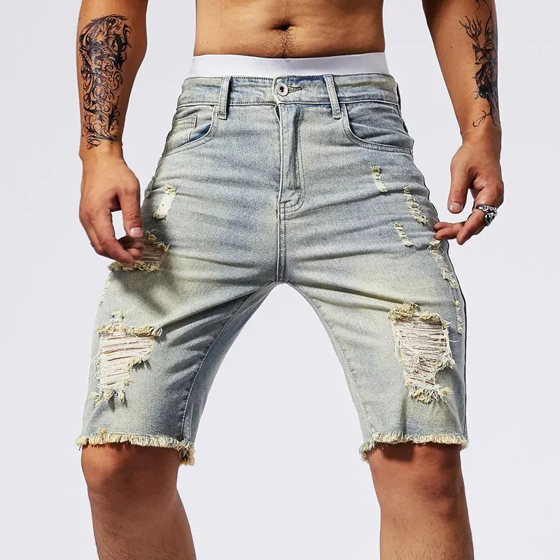 Men's Ripped Denim Shorts – Stylish Stretch Fit for Casual Summer Outings — model wearing
