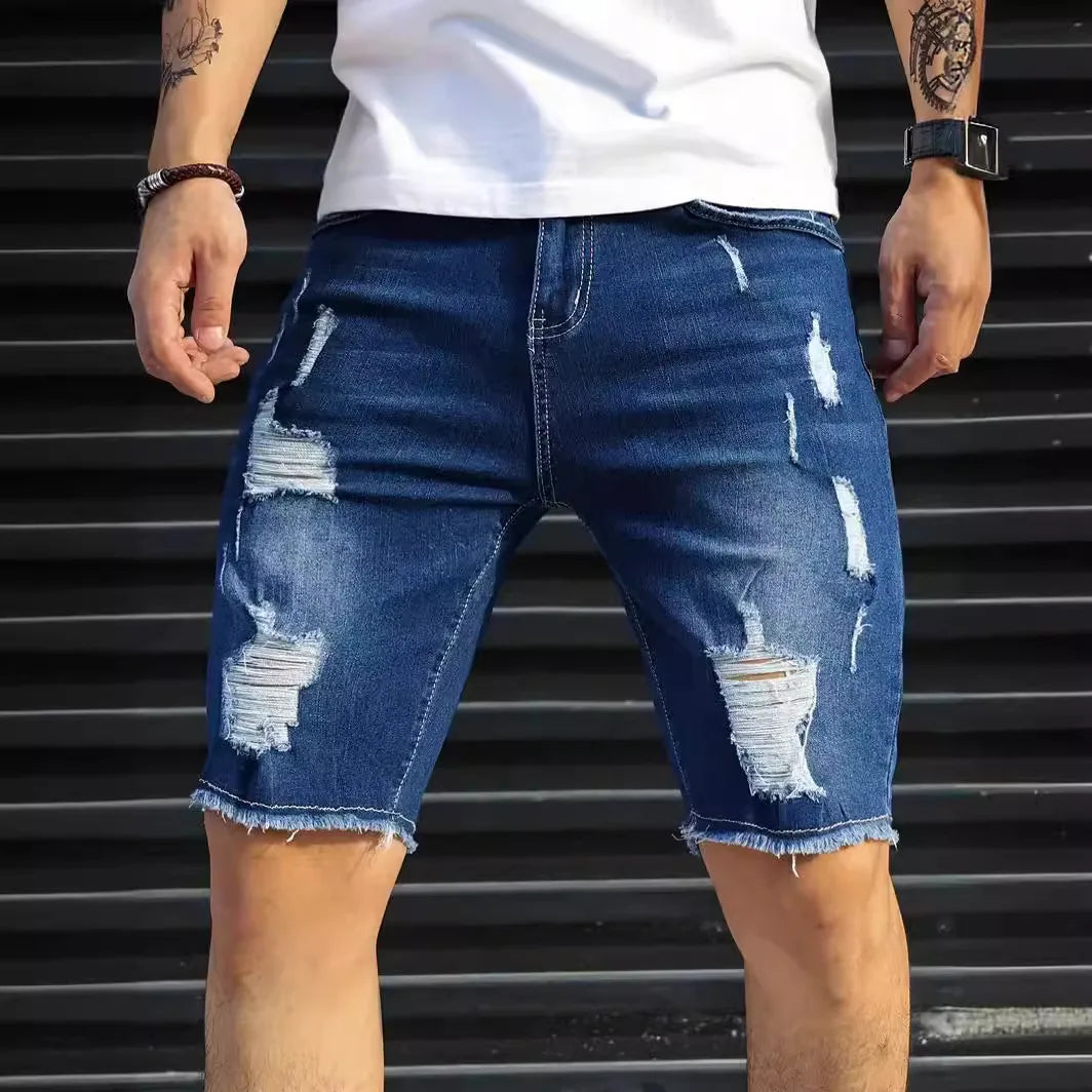 Men's Ripped Denim Shorts – Stylish Stretch Fit for Casual Summer Outings