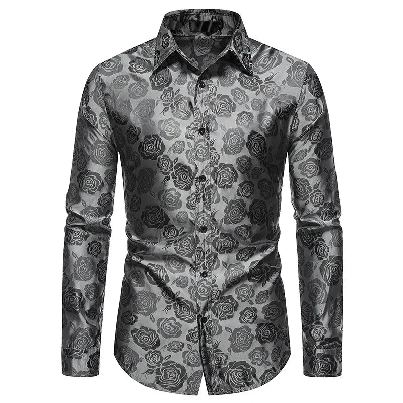 Men's Rose Print Shirt – Elegant Long Sleeve Floral Design for Formal Events — detail view