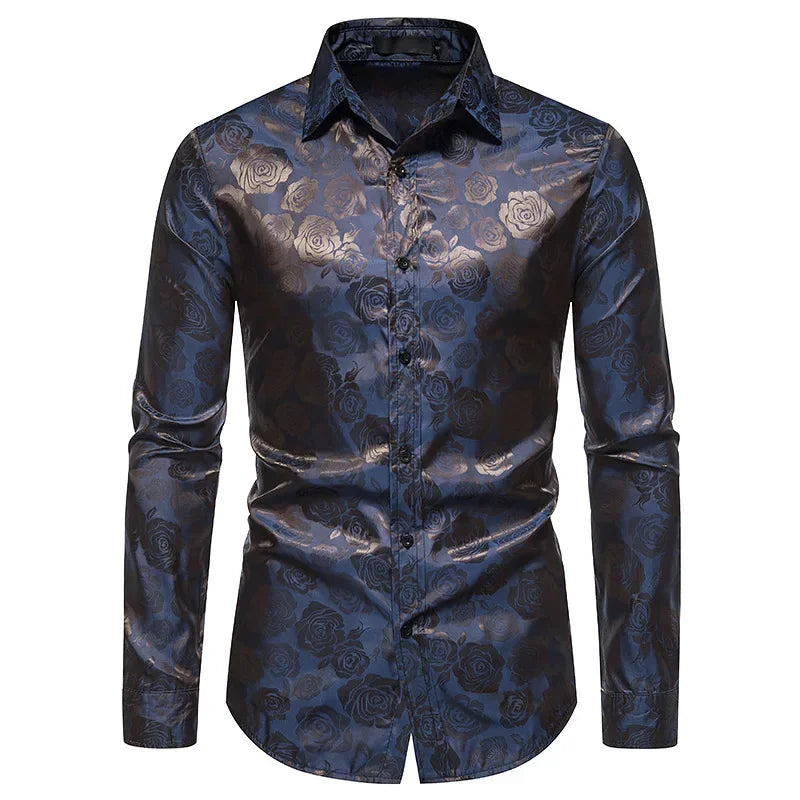 Men's Rose Print Shirt – Elegant Long Sleeve Floral Design for Formal Events — model wearing