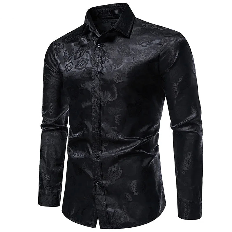 Men's Rose Print Shirt – Elegant Long Sleeve Floral Design for Formal Events