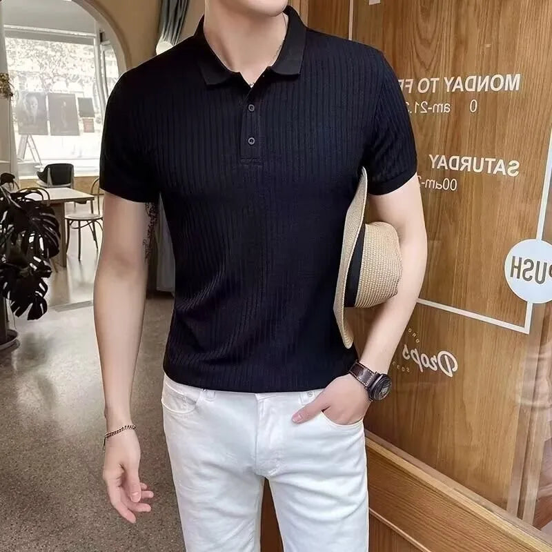 Men's Slim Fit Polo Shirt – Stylish Short Sleeve Design for Business Casual Wear — model wearing