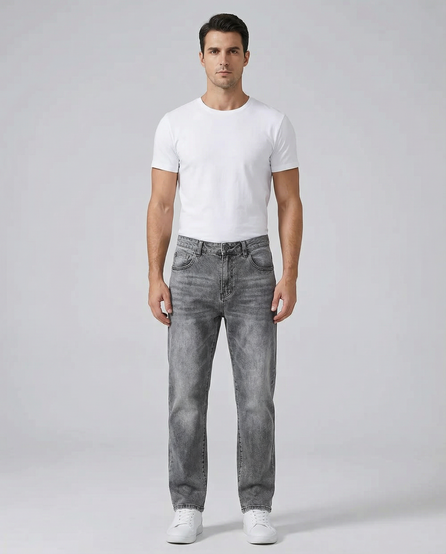 Men's Straight Leg Jeans - Washed Grey Denim - Classic Five-Pocket Style — back view