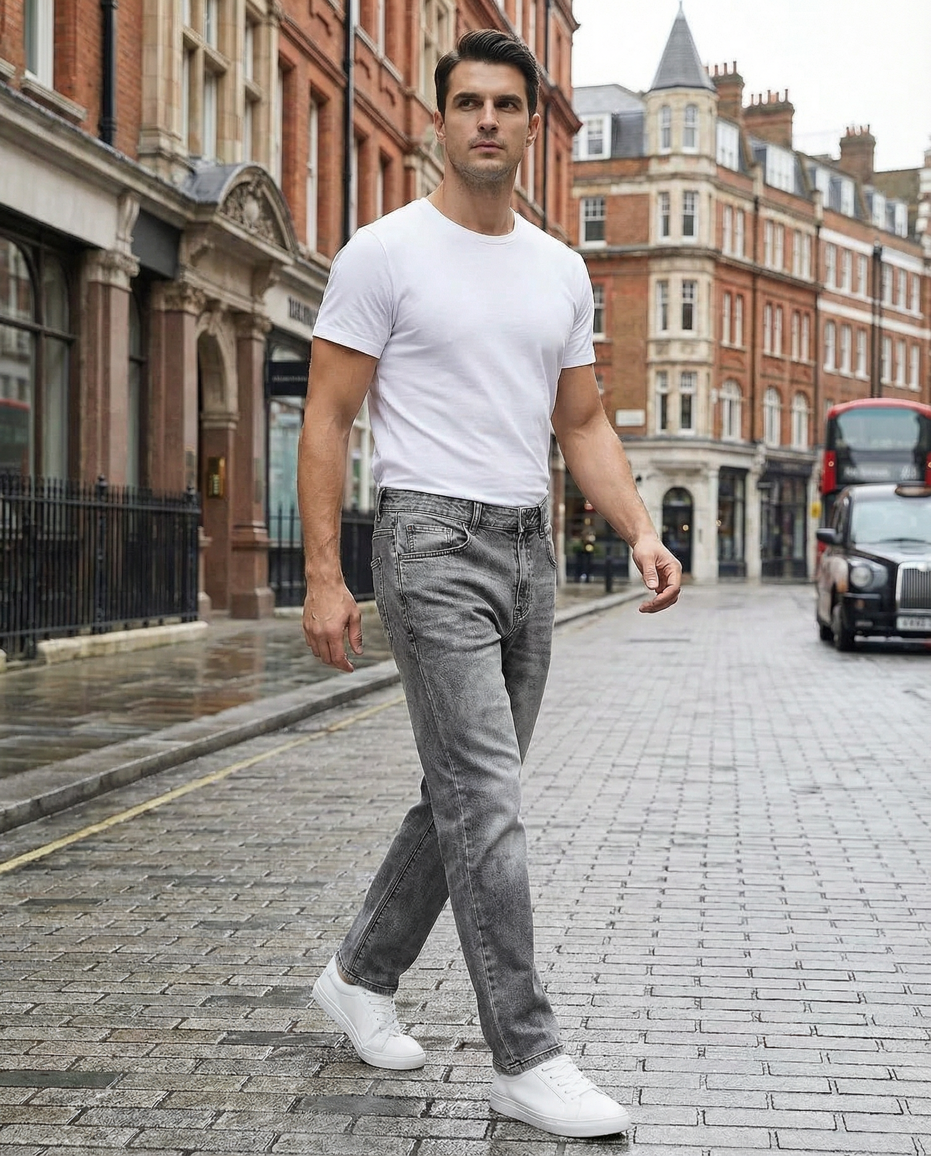 Men's Straight Leg Jeans - Washed Grey Denim - Classic Five-Pocket Style — detail view