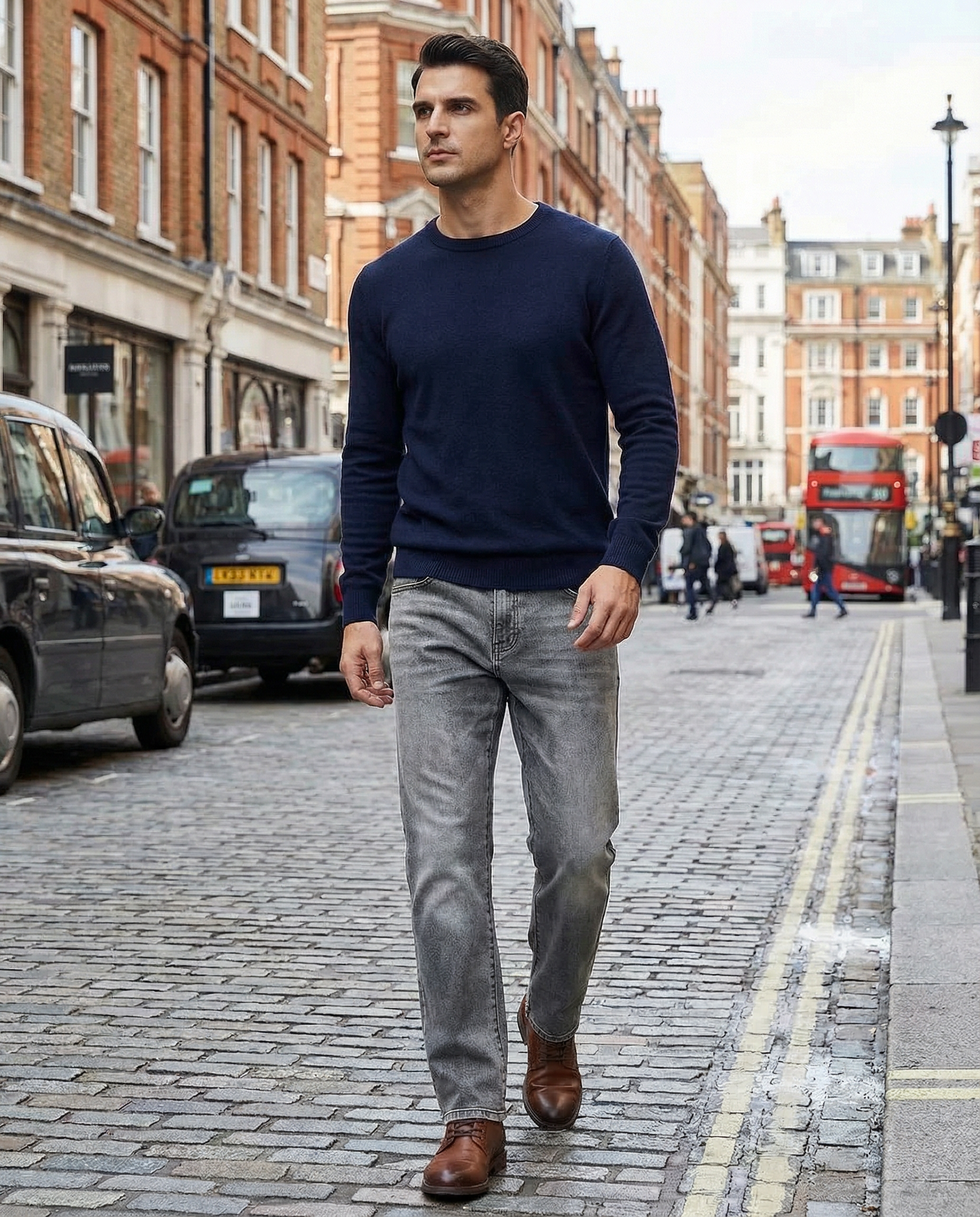 Men's Straight Leg Jeans - Washed Grey Denim - Classic Five-Pocket Style — model wearing