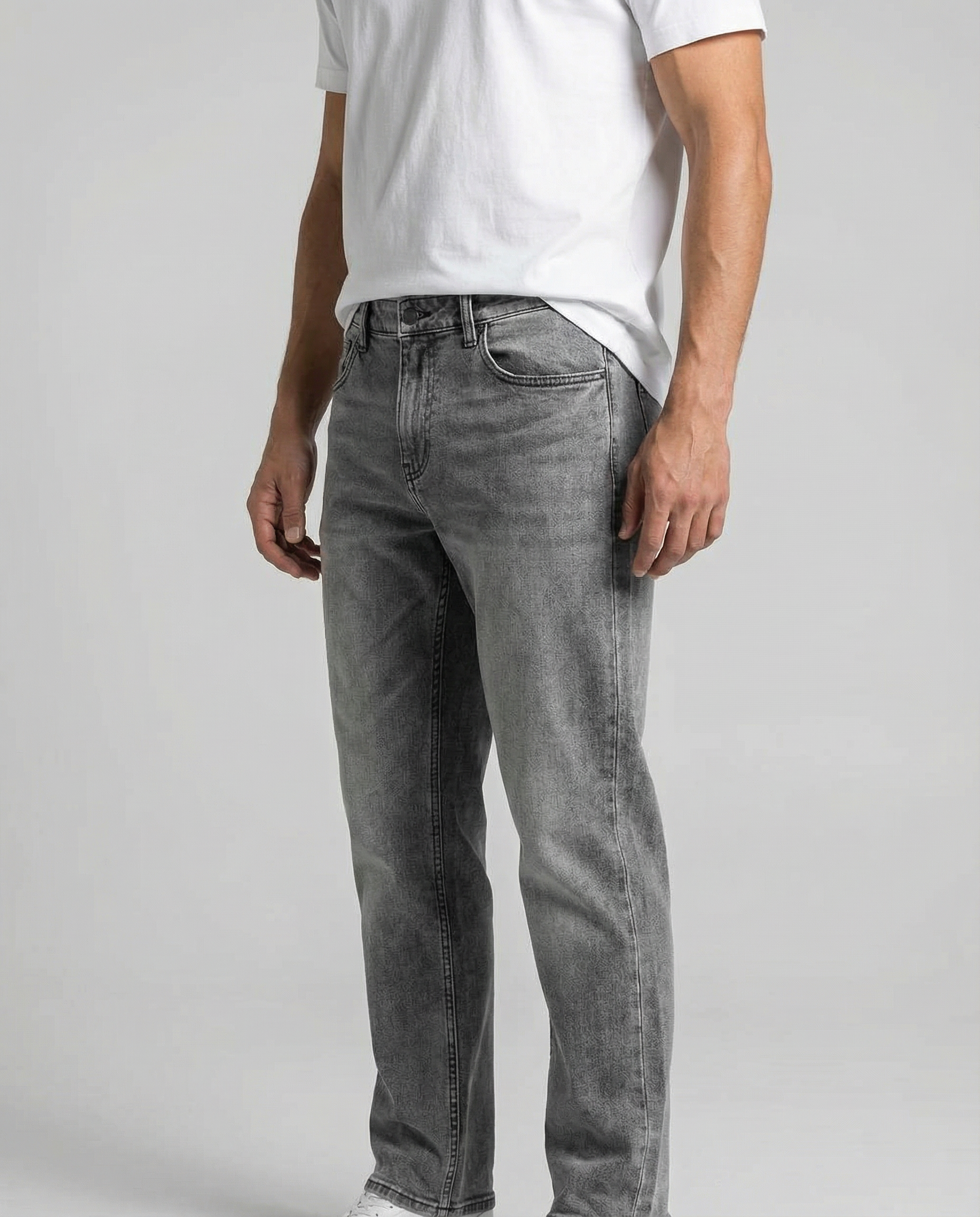 Men's Straight Leg Jeans - Washed Grey Denim - Classic Five-Pocket Style