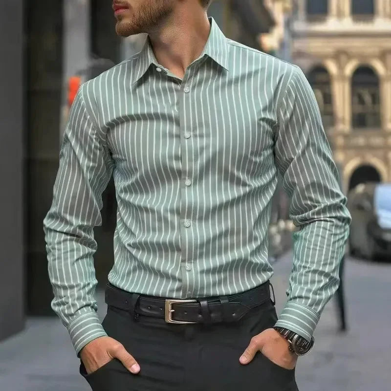 Men's Stripe Shirt – Stylish Long Sleeve Business Casual Top — alternative angle