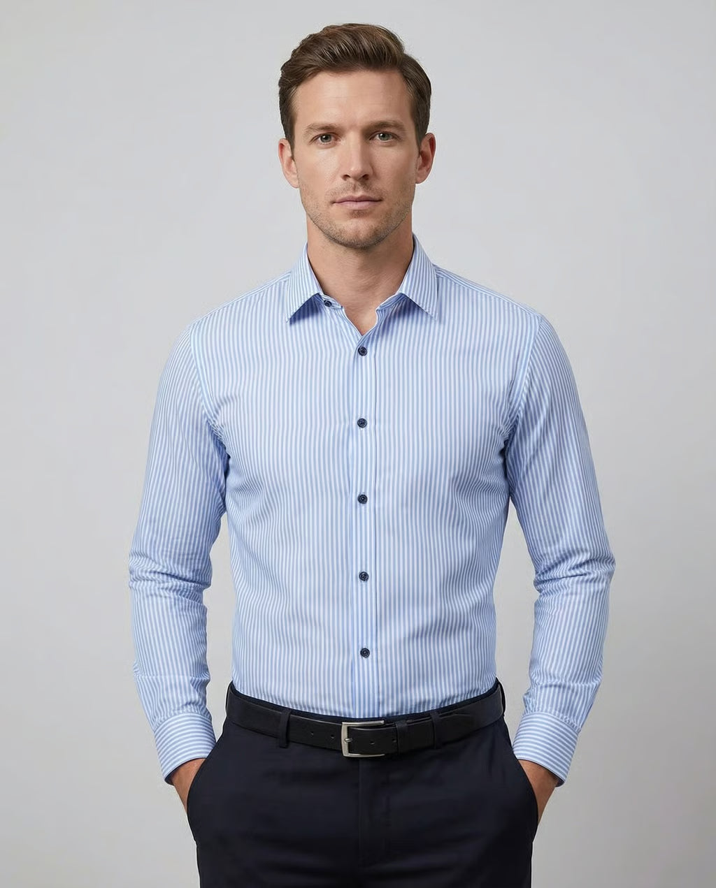Men's Stripe Shirt – Stylish Long Sleeve Business Casual Top — back view