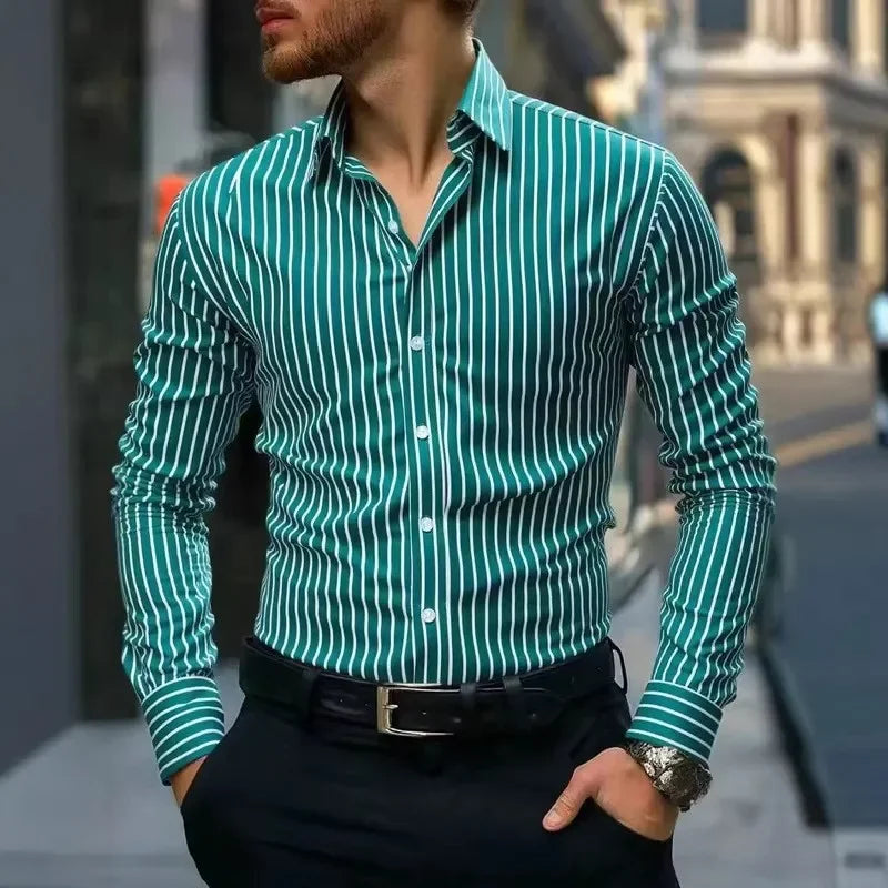 Men's Stripe Shirt – Stylish Long Sleeve Business Casual Top — close-up