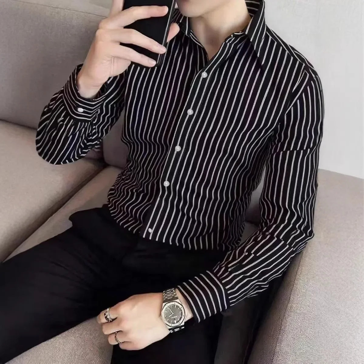 Men's Stripe Shirt – Stylish Long Sleeve Business Casual Top — model wearing