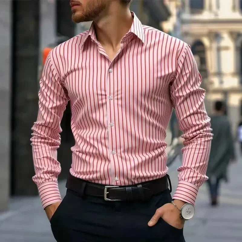 Men's Stripe Shirt – Stylish Long Sleeve Business Casual Top — styling detail