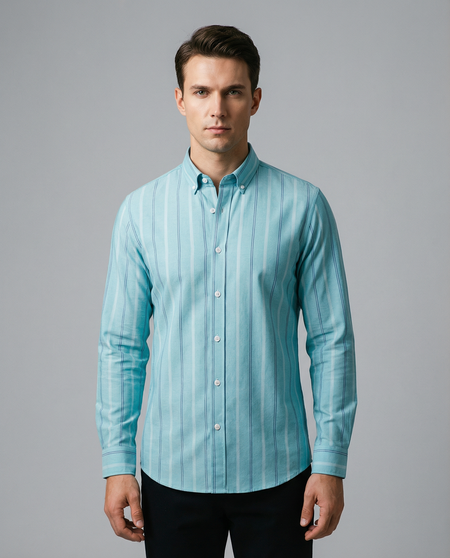Men's Striped Business Shirt – Stylish Long-Sleeved Office Attire — back view