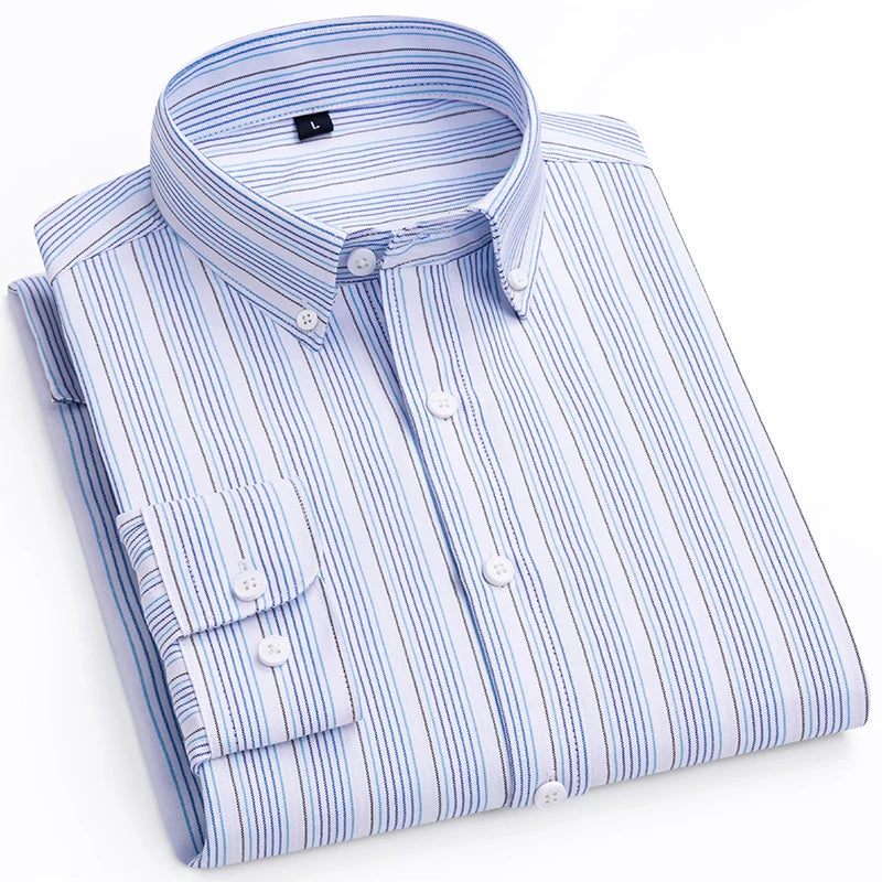 Men's Striped Business Shirt – Stylish Long-Sleeved Office Attire — model wearing