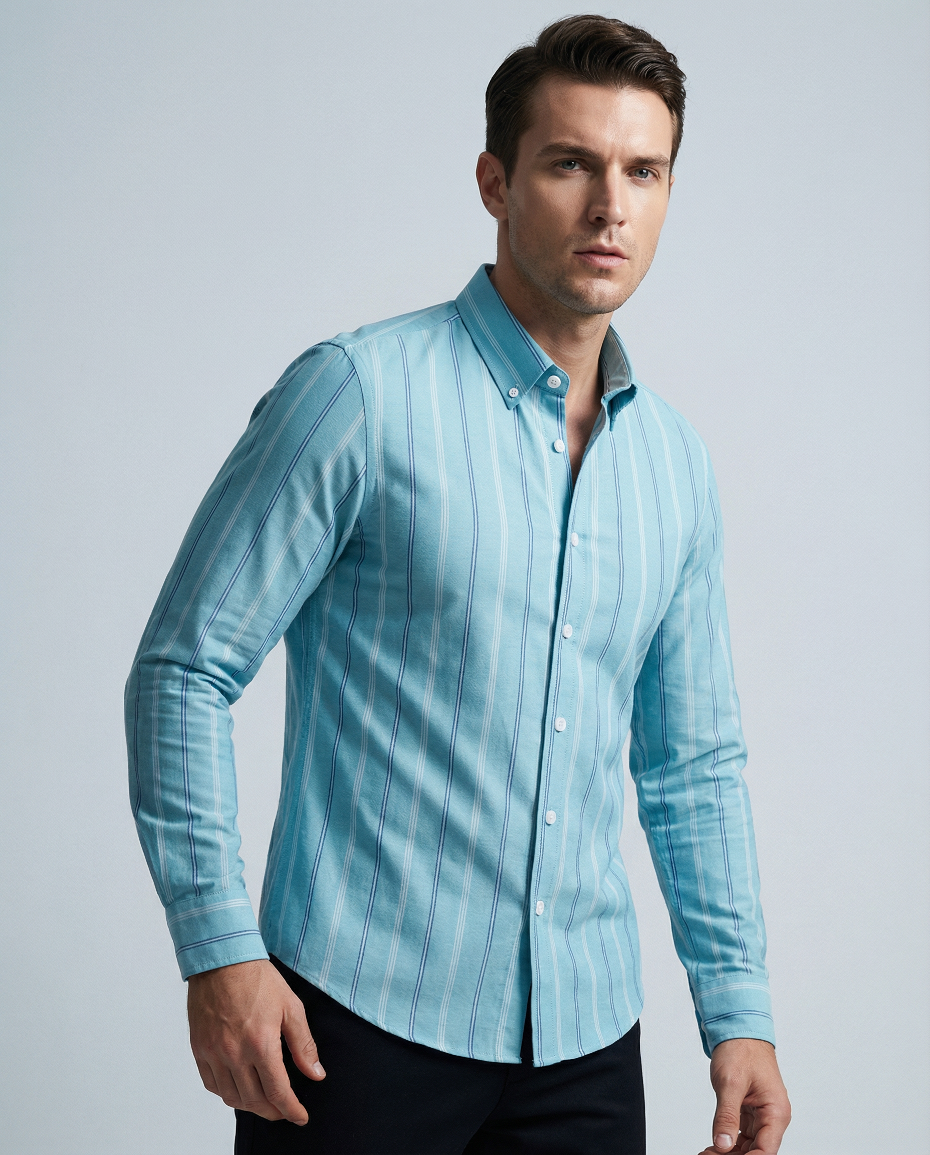 Men's Striped Business Shirt – Stylish Long-Sleeved Office Attire — side view