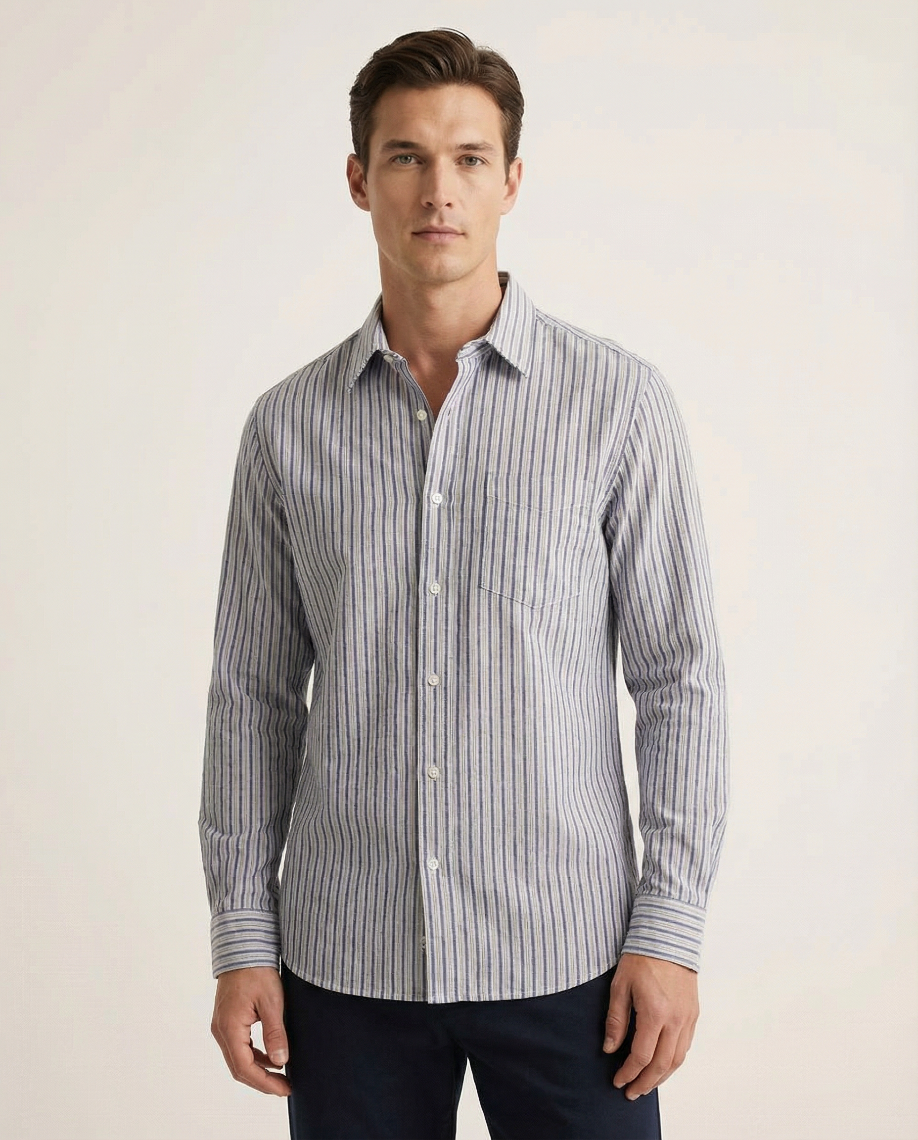 Men's Striped Dress Shirt – Trendy Long Sleeve Casual Style for Everyday Wear — back view