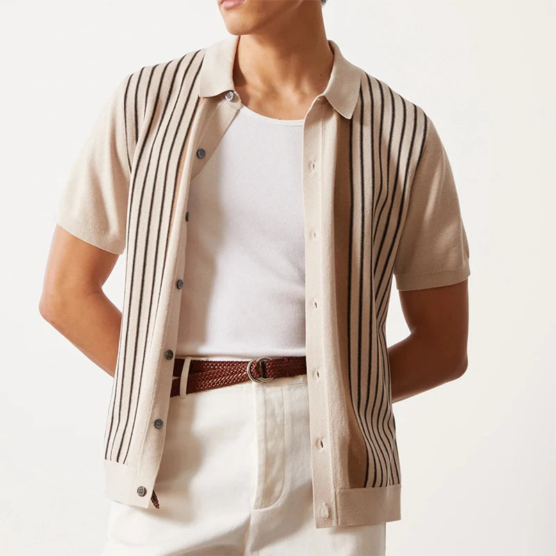 Men's Striped Polo Shirt – Stylish Short Sleeve Retro Design for Casual Outings — side view