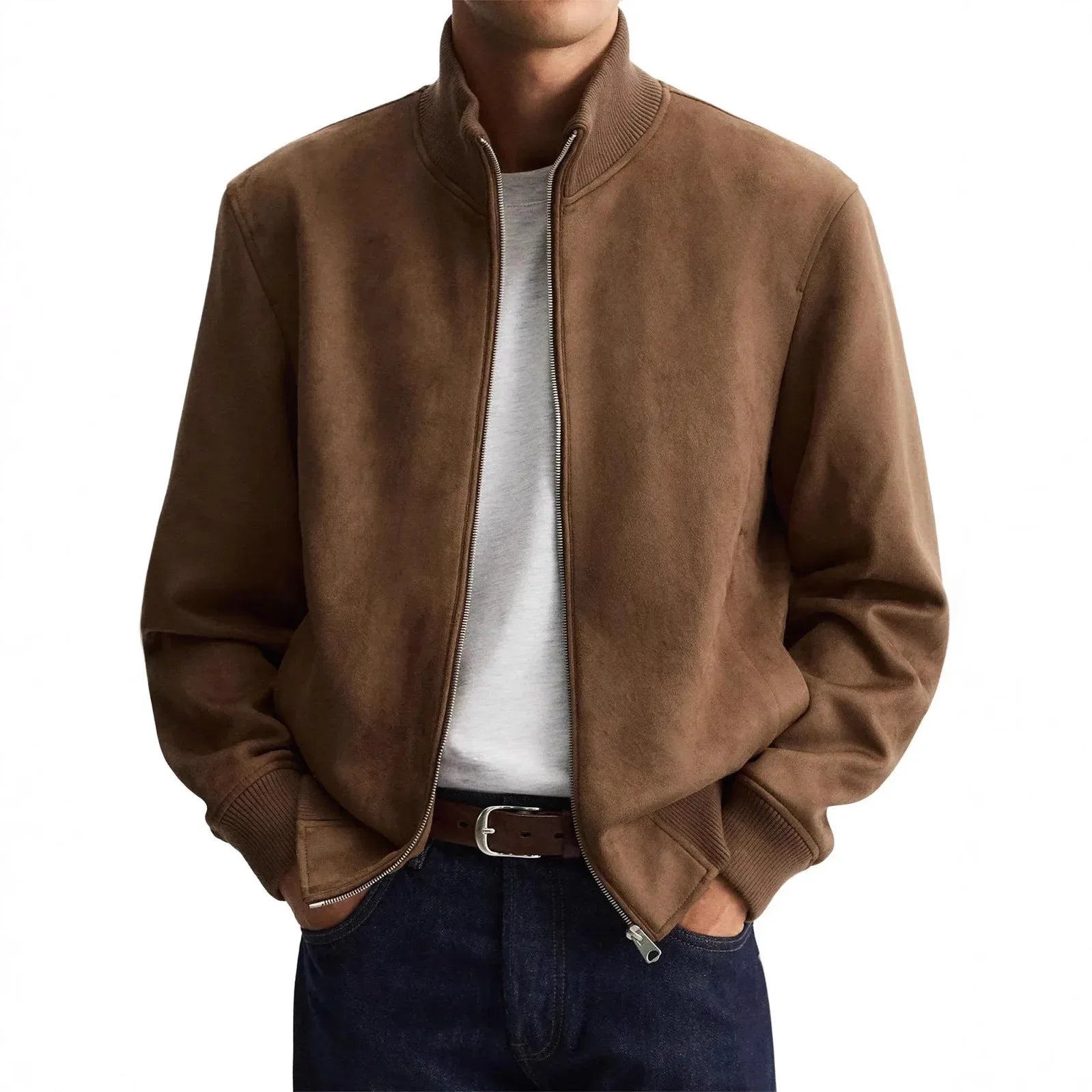 Men's Suede Jacket – Stylish Slim Fit Outerwear for Casual Business Wear — model wearing