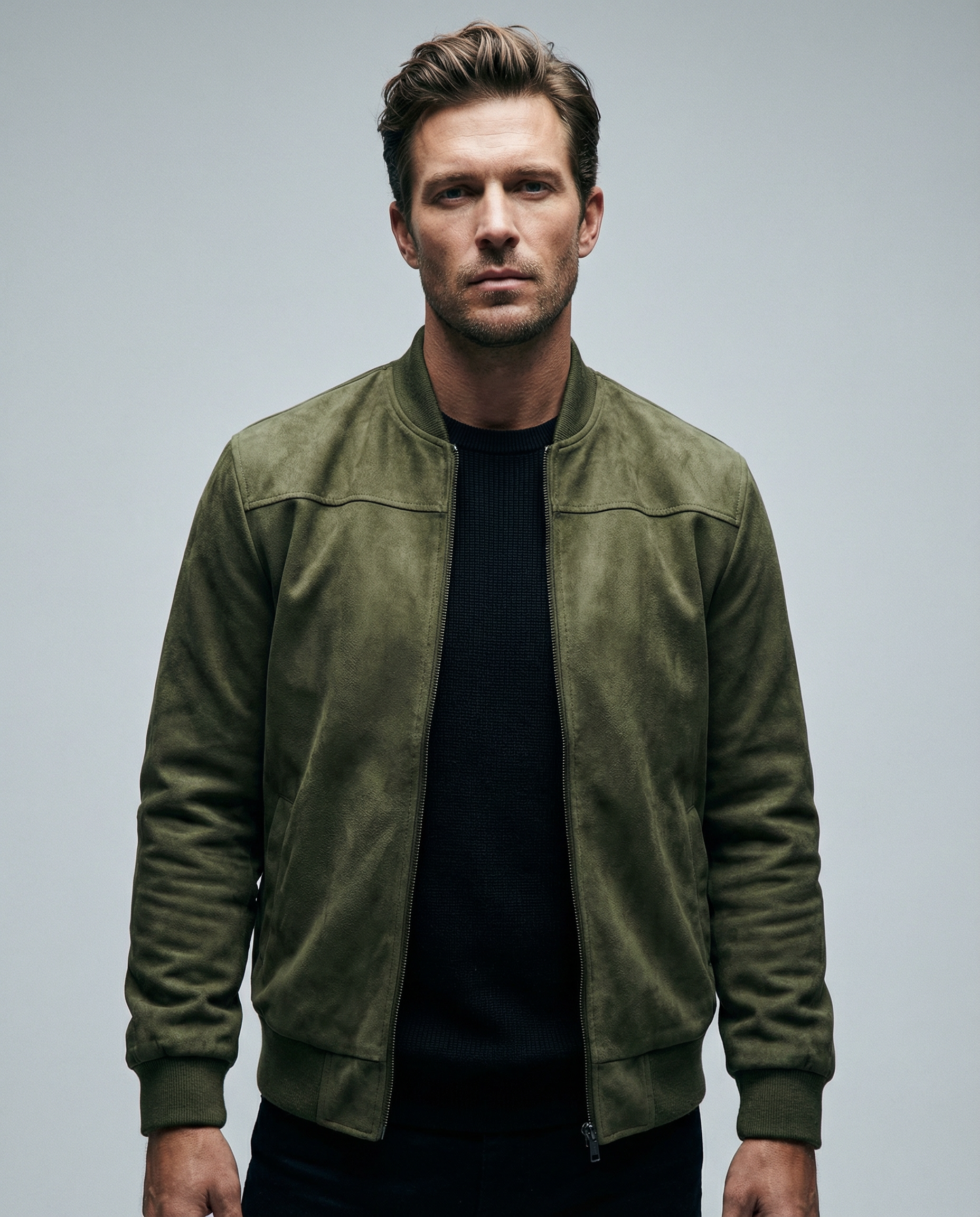 Men's Suede Zipper Jacket – Stylish Casual Long Sleeve Outerwear — model wearing