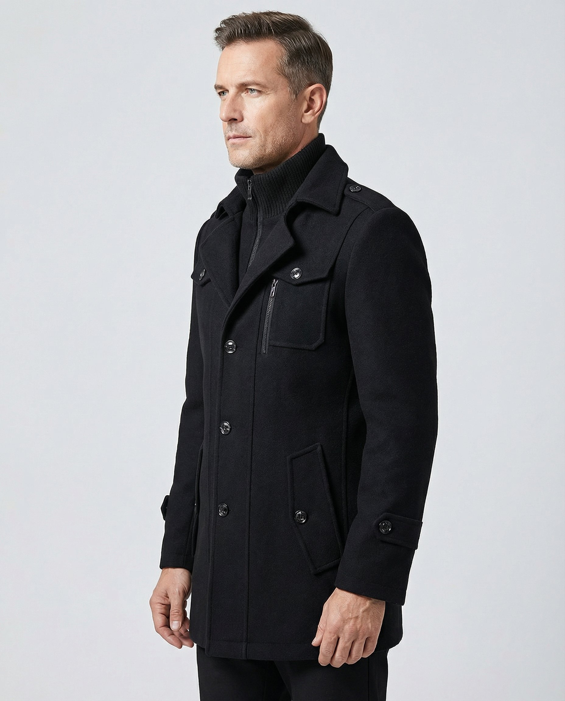 Men's Tailored Wool Blend Overcoat – Military Style Longline Coat with Ribbed Funnel Neck — back view