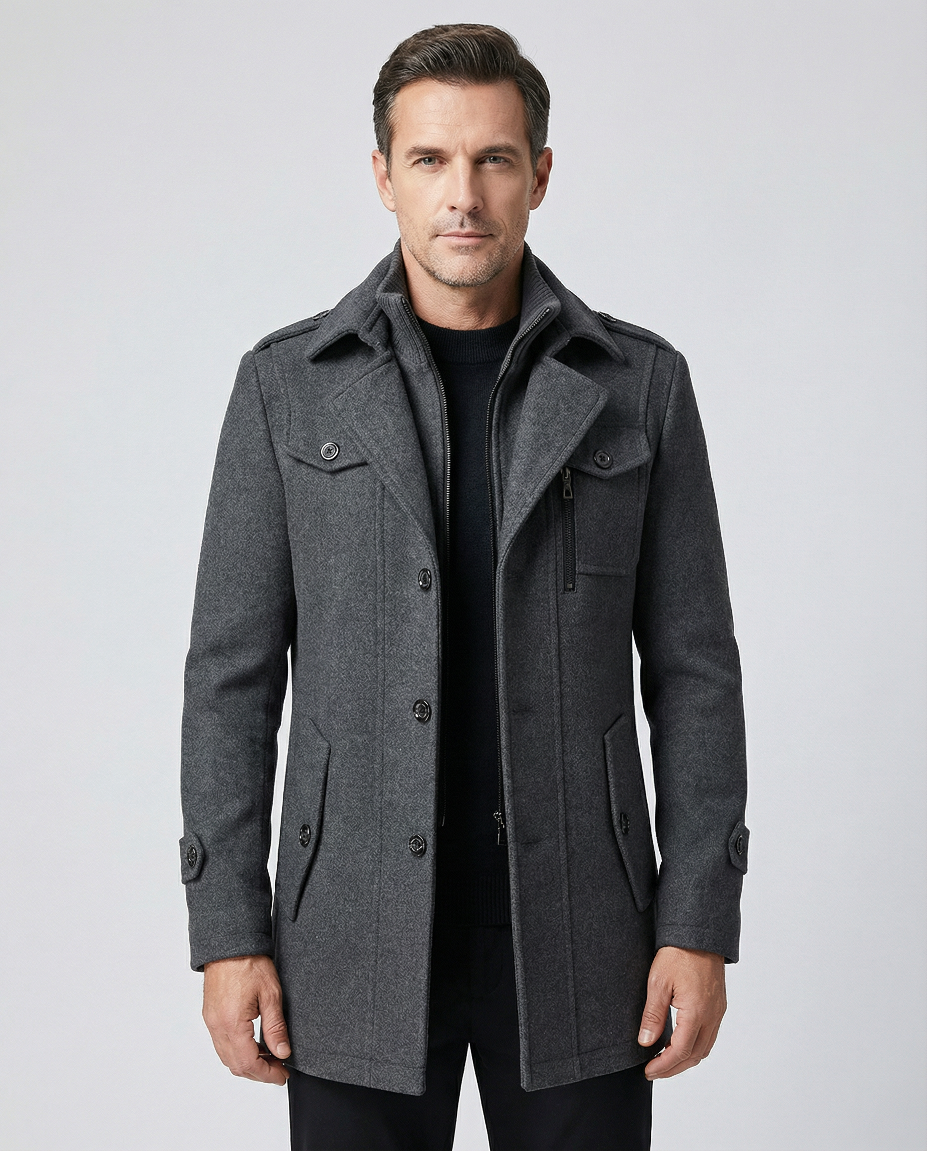 Men's Tailored Wool Blend Overcoat – Military Style Longline Coat with Ribbed Funnel Neck — detail view