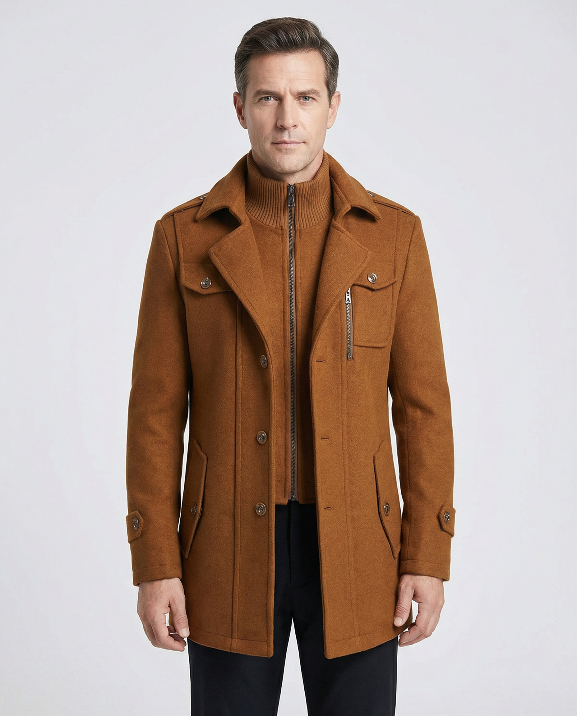 Men's Tailored Wool Blend Overcoat – Military Style Longline Coat with Ribbed Funnel Neck — model wearing