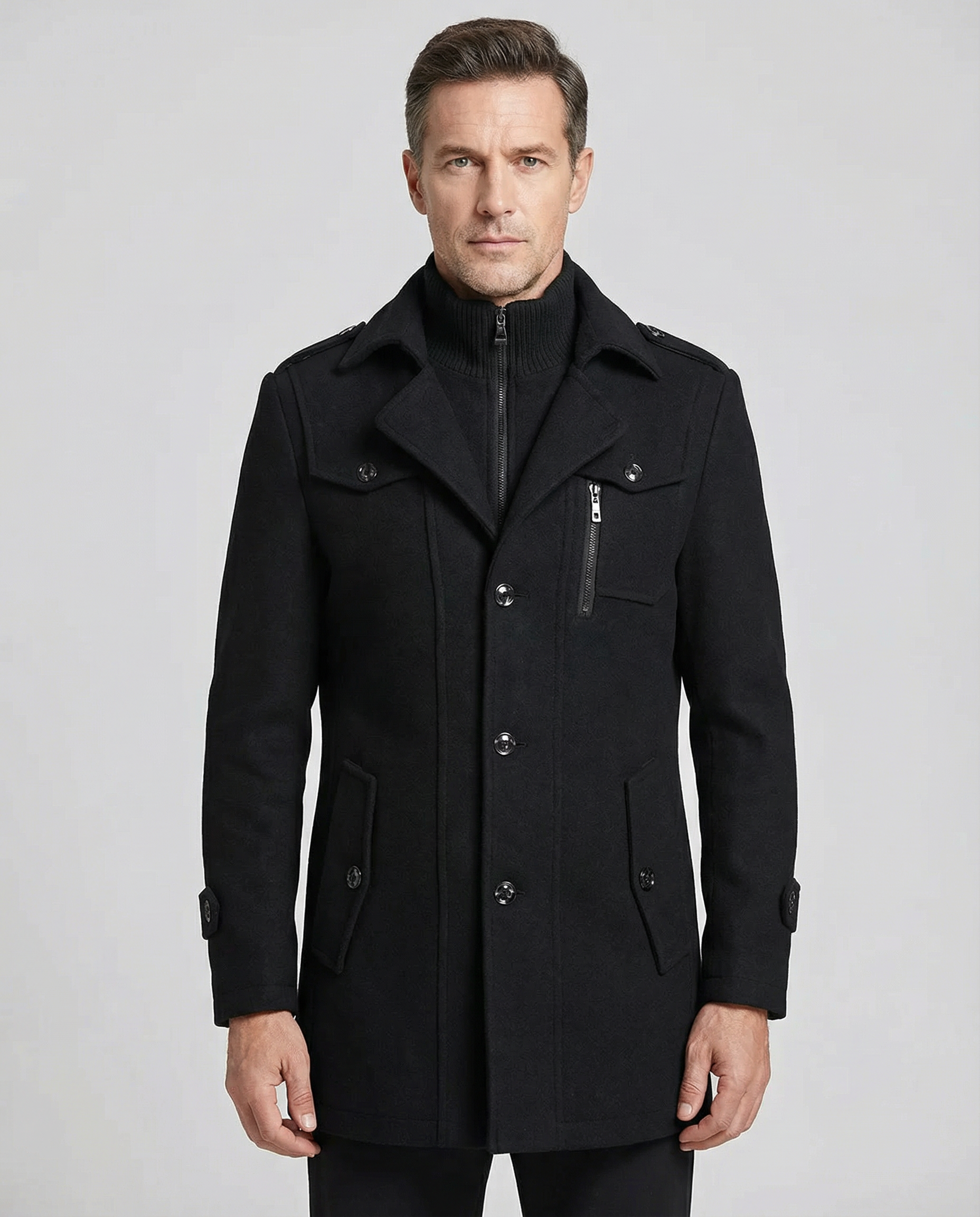 Men's Tailored Wool Blend Overcoat – Military Style Longline Coat with Ribbed Funnel Neck