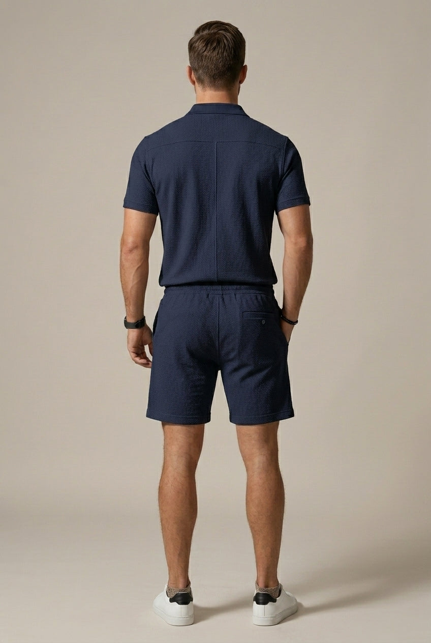 Men's Textured Knit Short Sleeve Polo Shirt and Coordinating Drawstring Shorts Two Piece Casual Set