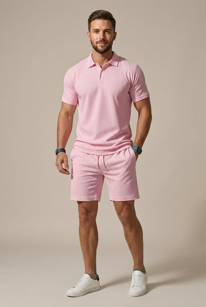 Men's Textured Knit Short Sleeve Polo Shirt and Coordinating Drawstring Shorts Two Piece Casual Set