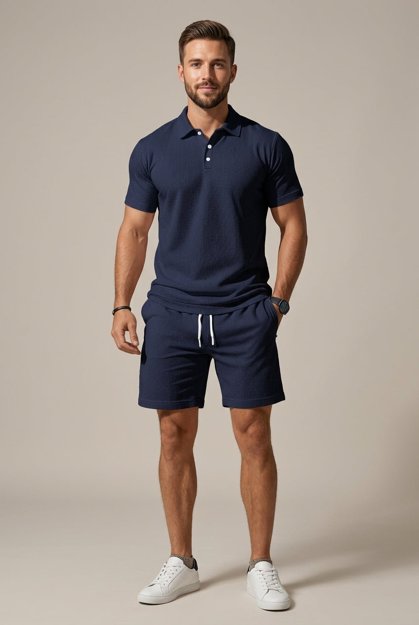 Men's Textured Knit Short Sleeve Polo Shirt and Coordinating Drawstring Shorts Two Piece Casual Set