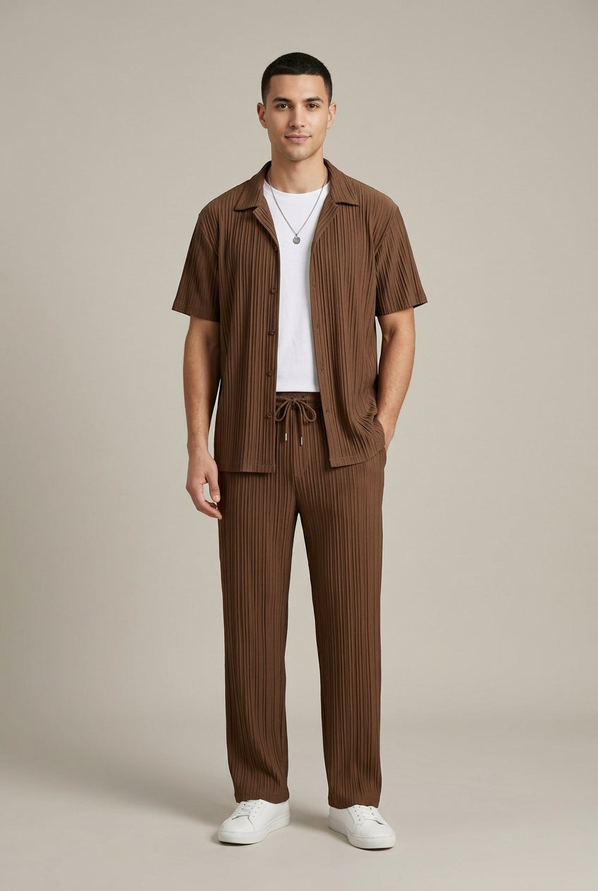 Men's Textured Stripe Weave Short Sleeve Button Front Shirt and Tailored Drawstring Trousers Two Piece Set