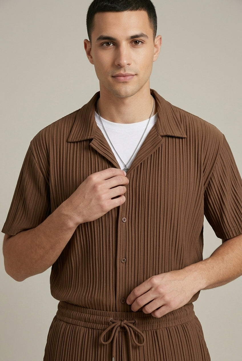Men's Textured Stripe Weave Short Sleeve Button Front Shirt and Tailored Drawstring Trousers Two Piece Set