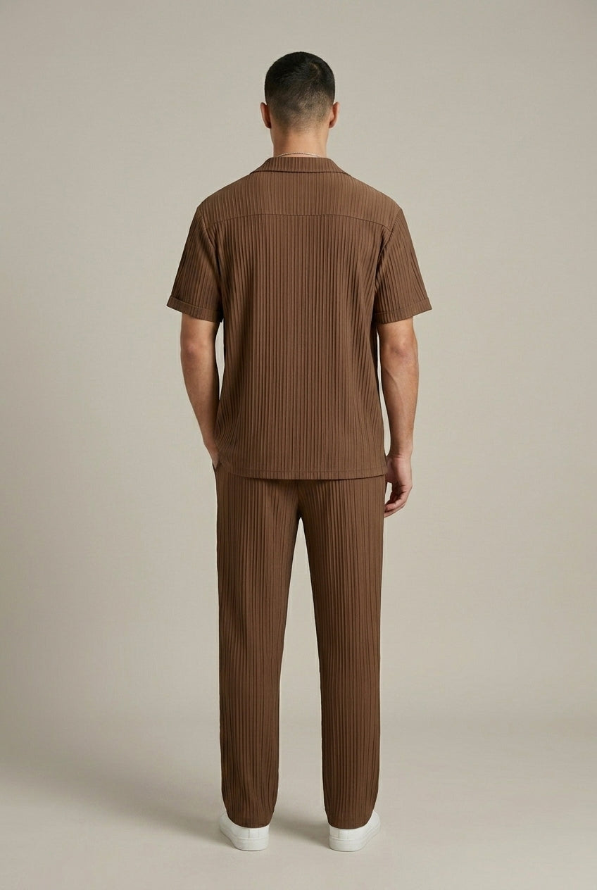 Men's Textured Stripe Weave Short Sleeve Button Front Shirt and Tailored Drawstring Trousers Two Piece Set