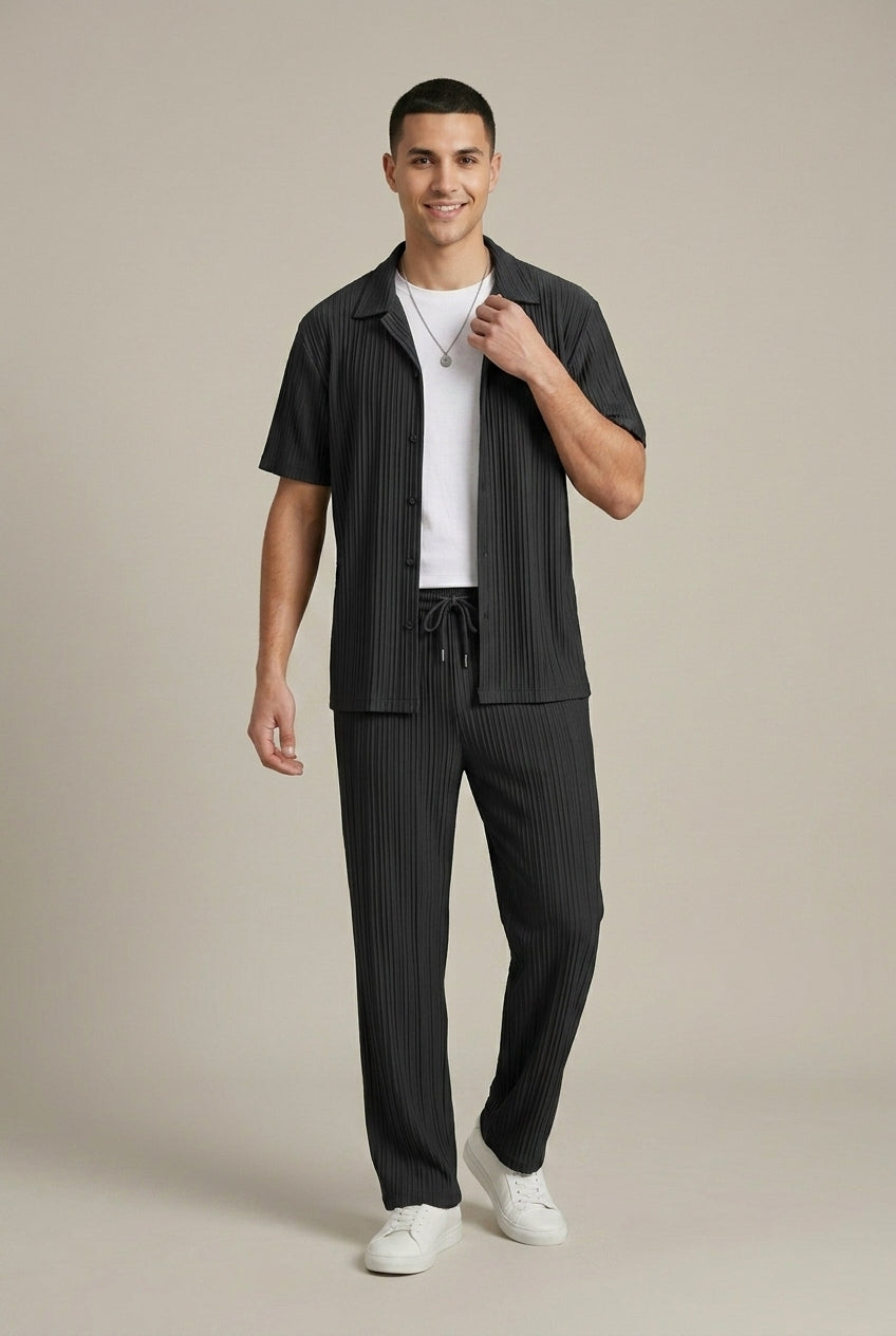 Men's Textured Stripe Weave Short Sleeve Button Front Shirt and Tailored Drawstring Trousers Two Piece Set