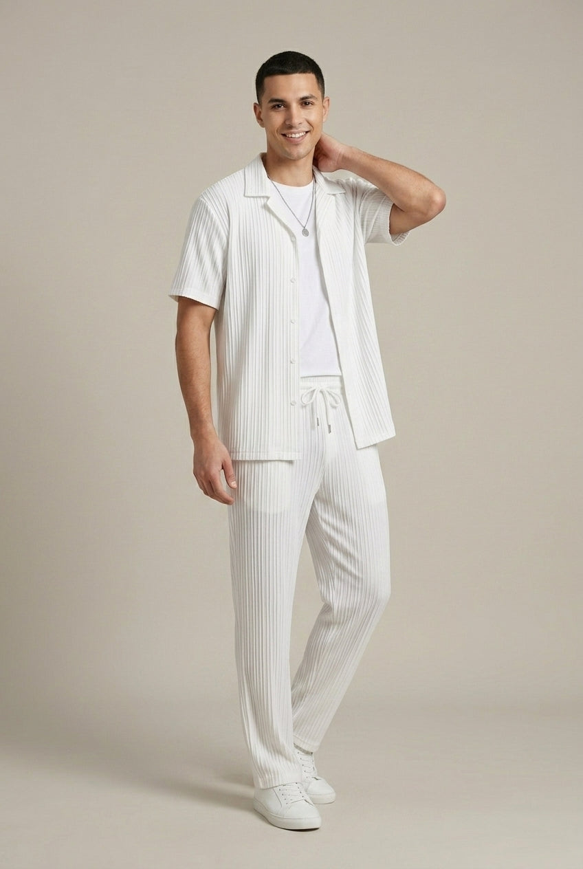 Men's Textured Stripe Weave Short Sleeve Button Front Shirt and Tailored Drawstring Trousers Two Piece Set