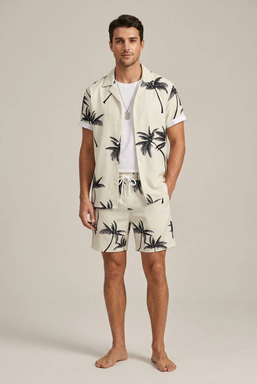 Men's Tropical Palm Pattern Short Sleeve Button Front Shirt and Coordinating Drawstring Shorts Summer Set