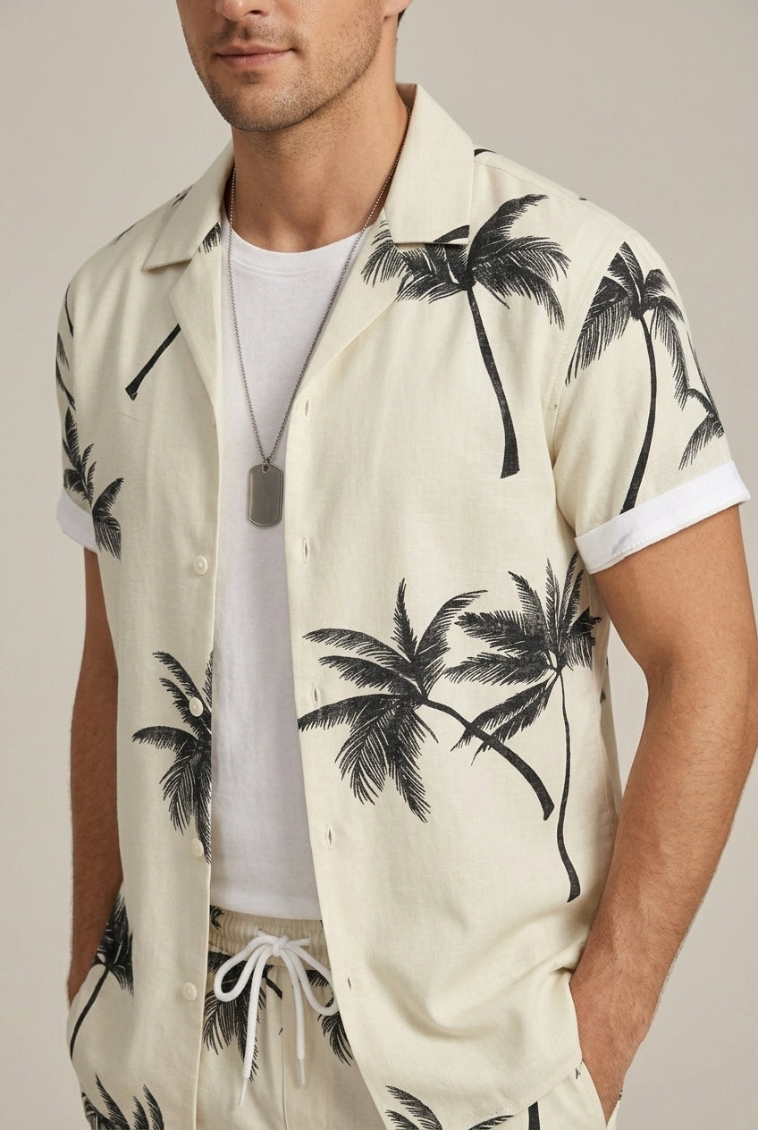 Men's Tropical Palm Pattern Short Sleeve Button Front Shirt and Coordinating Drawstring Shorts Summer Set