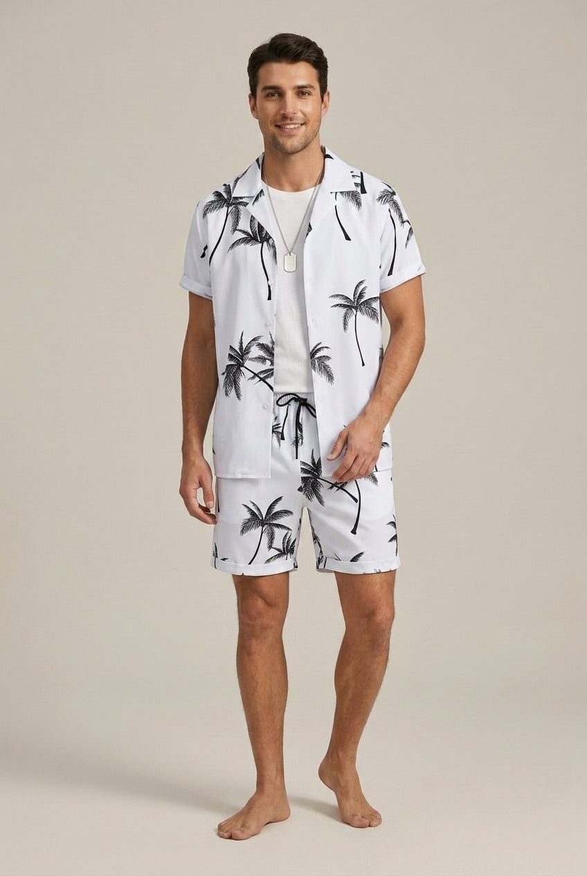 Men's Tropical Palm Pattern Short Sleeve Button Front Shirt and Coordinating Drawstring Shorts Summer Set