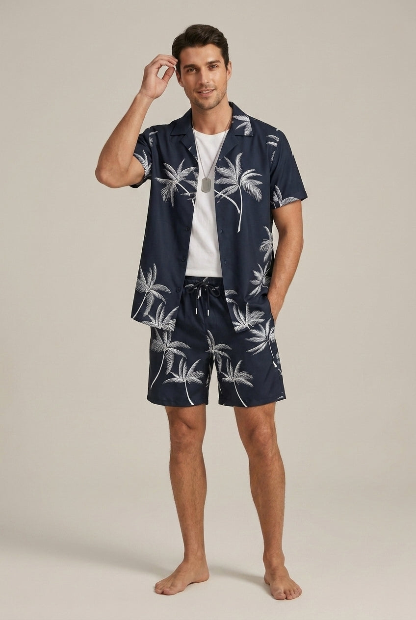 Men's Tropical Palm Pattern Short Sleeve Button Front Shirt and Coordinating Drawstring Shorts Summer Set